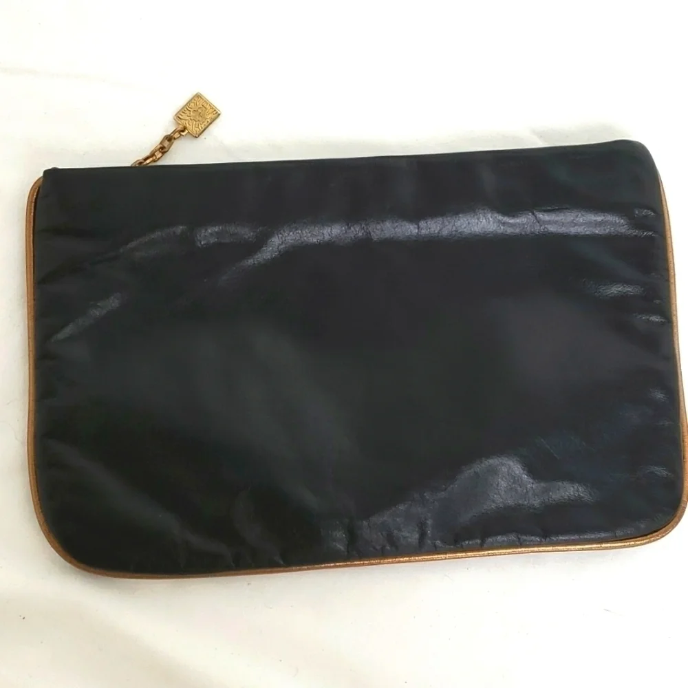 Anne Klein Clutch Bag By Calderon Black Leather with Bronze Trim EUC